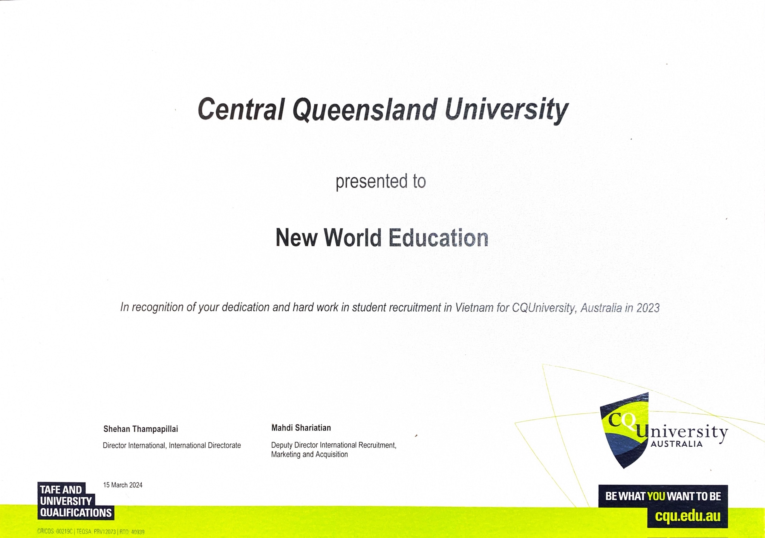 Certificate of Recognition từ Central Queensland University CQU, Úc
