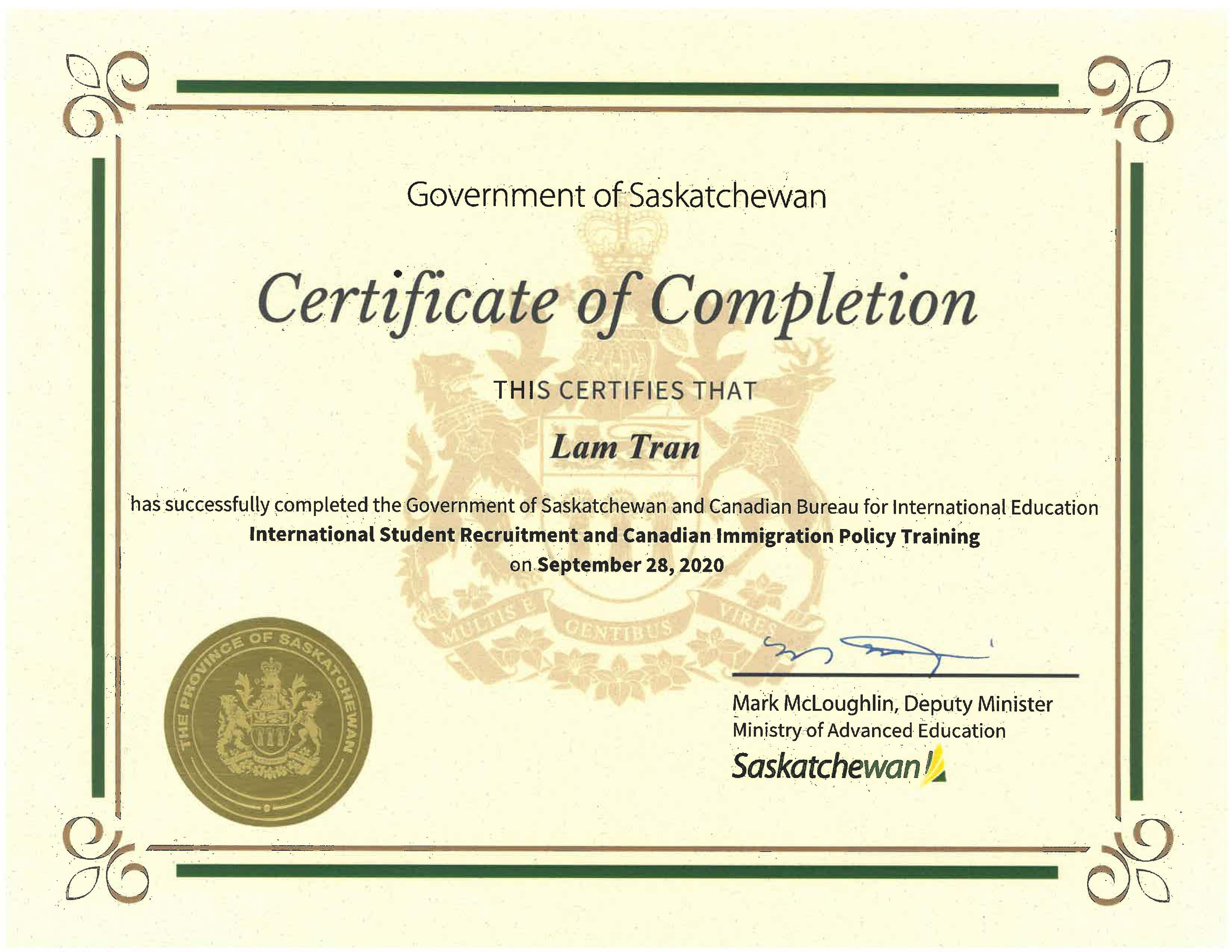 Certificate from Government of Saskatchewan, Ministry of Advanced Education