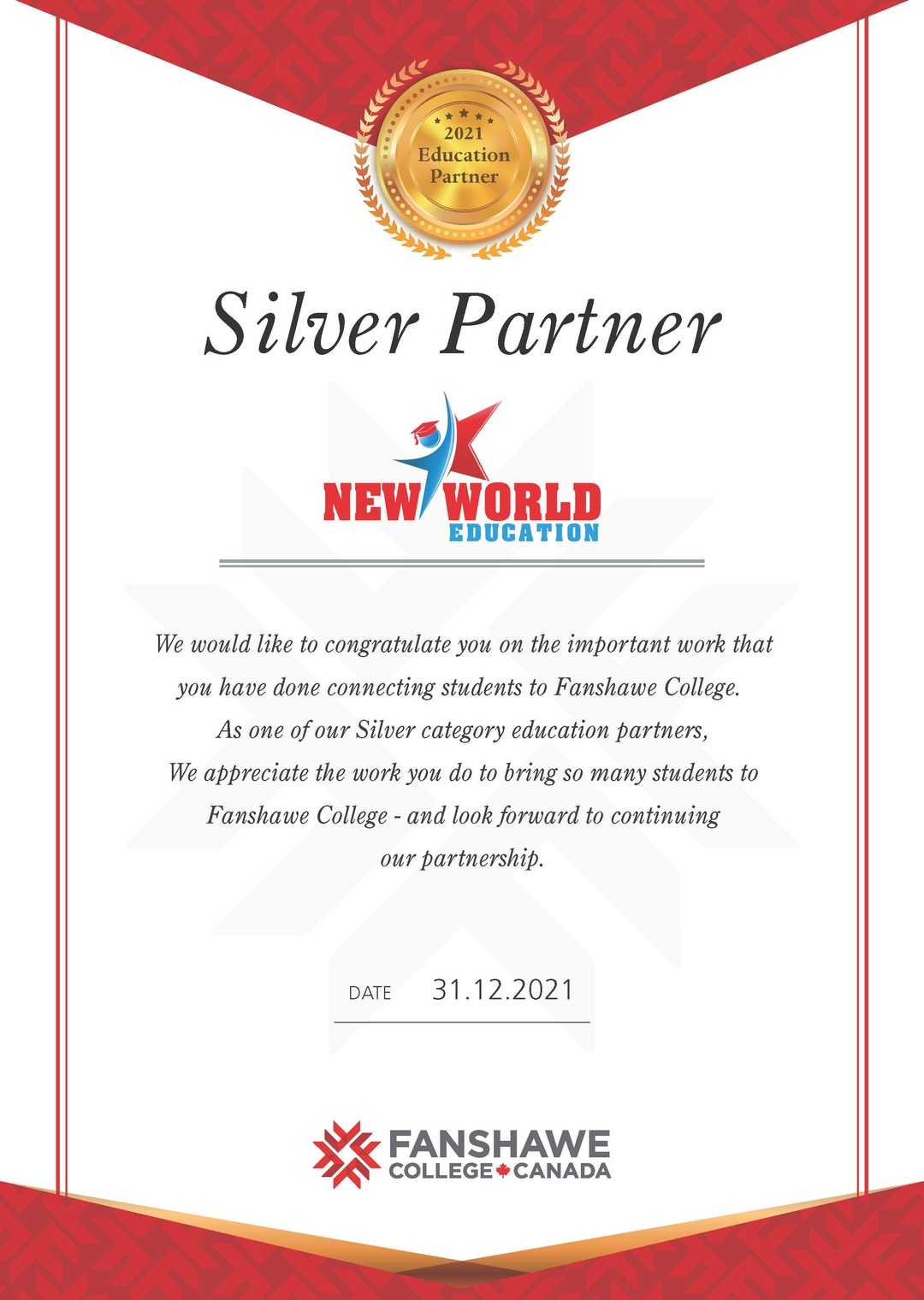 Silver Parner 2021 of Fanshawe College, Canada