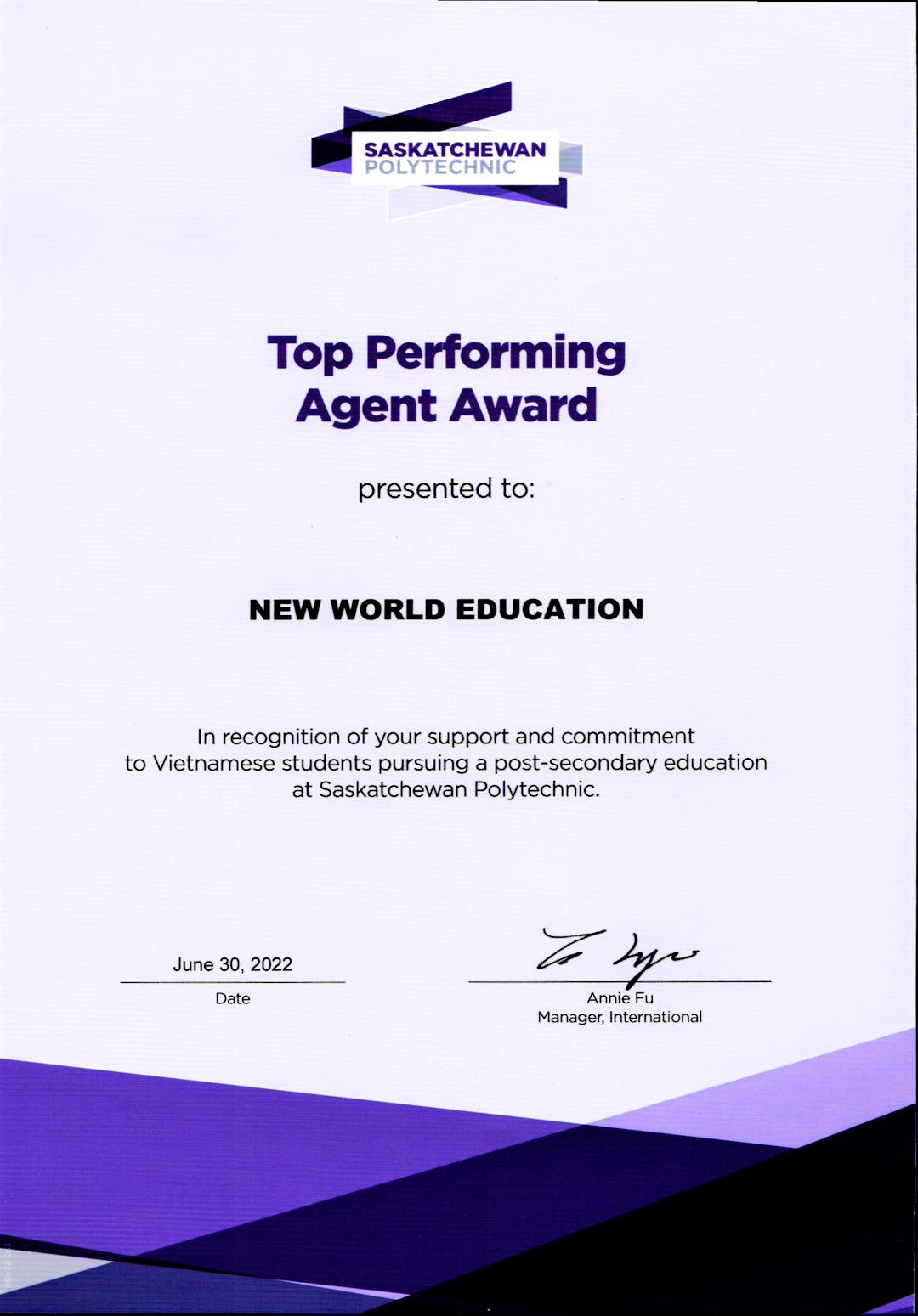 Top Performing Agent Award from Saskatchewan Polytechnic, Canada