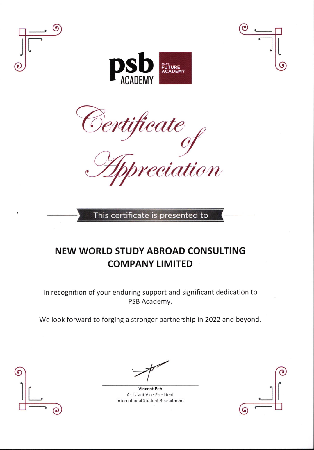 Certificate of Appreciation từ PSB Academy, Singapore