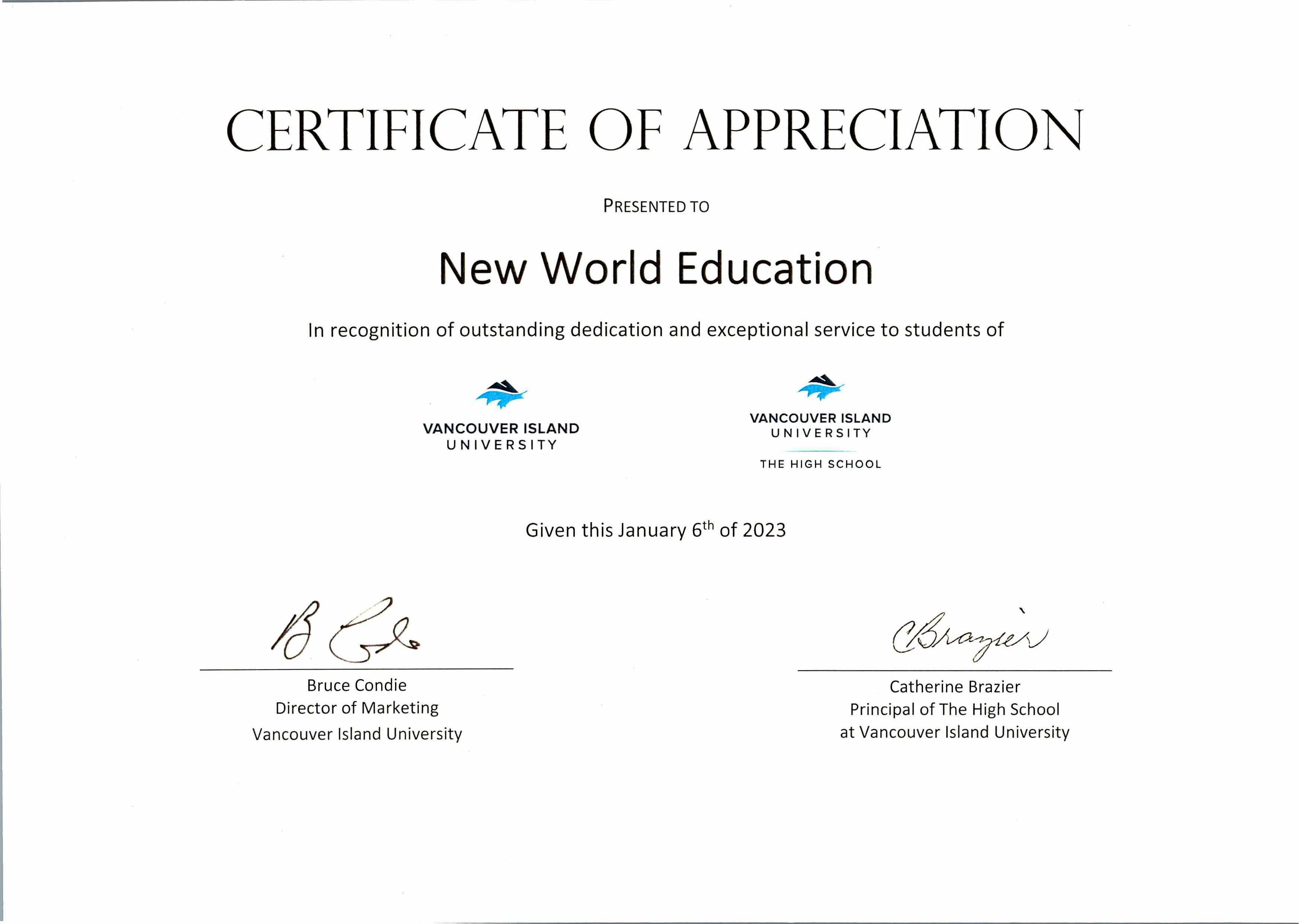 Certificate of Appreciation - Vancouver Island University, Canada