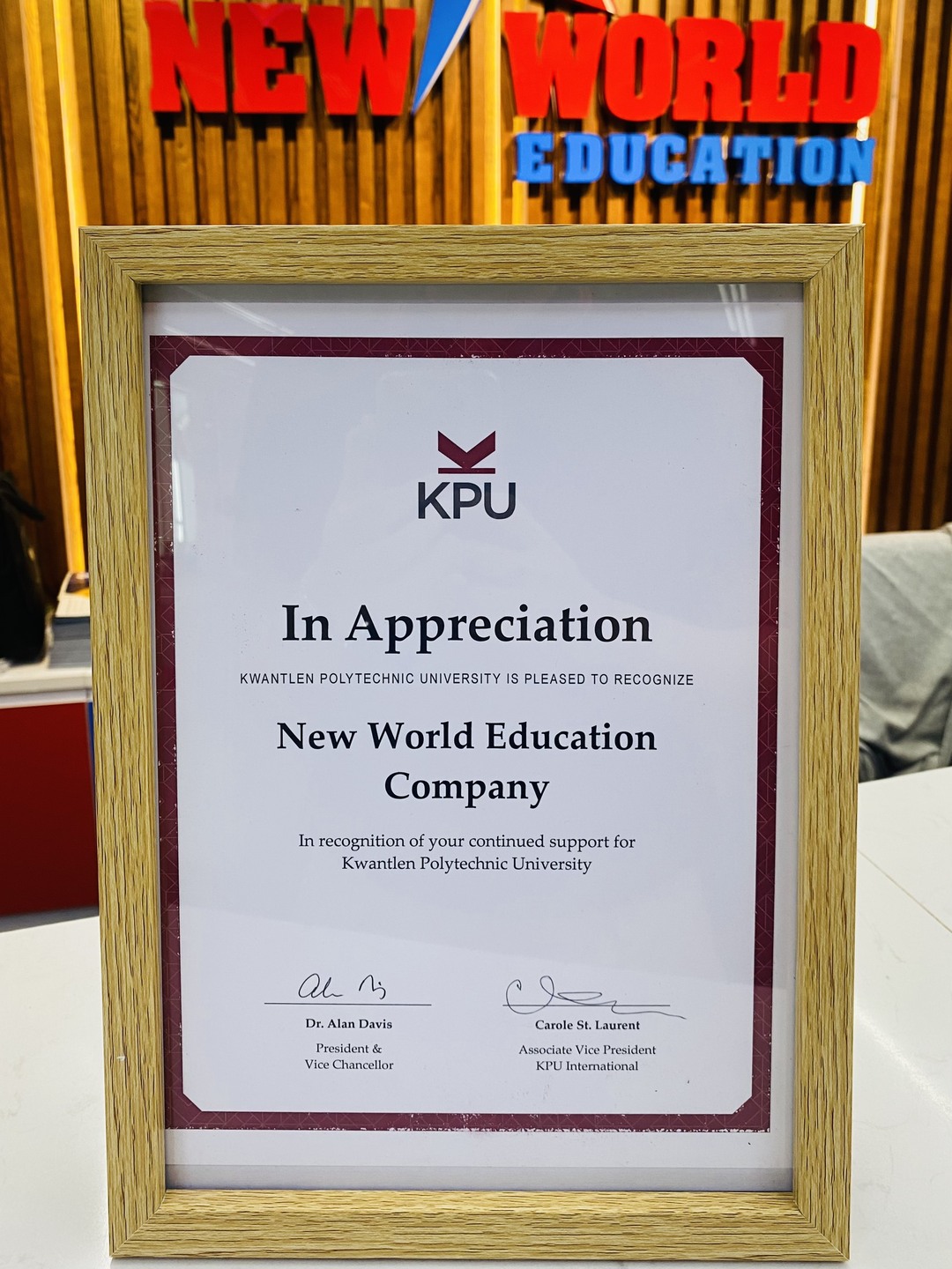 Certificate of Appreciation - Kwantlen Polytechnic University (KPU) Canada