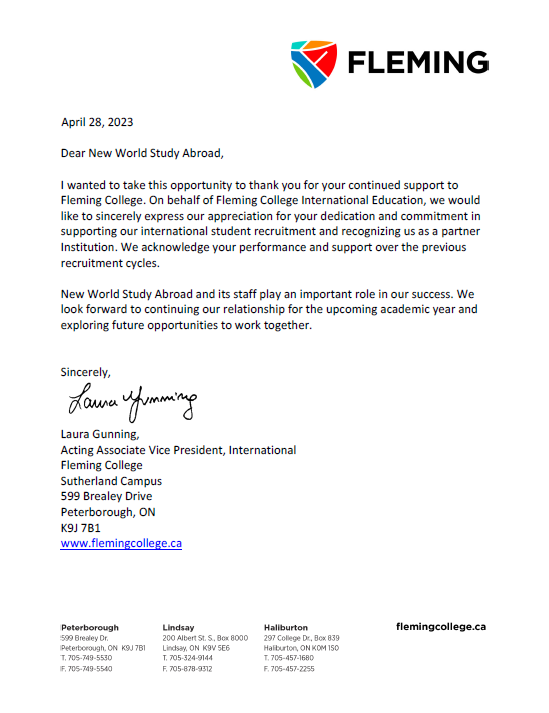 Appreciation Letter - Fleming College, Canada