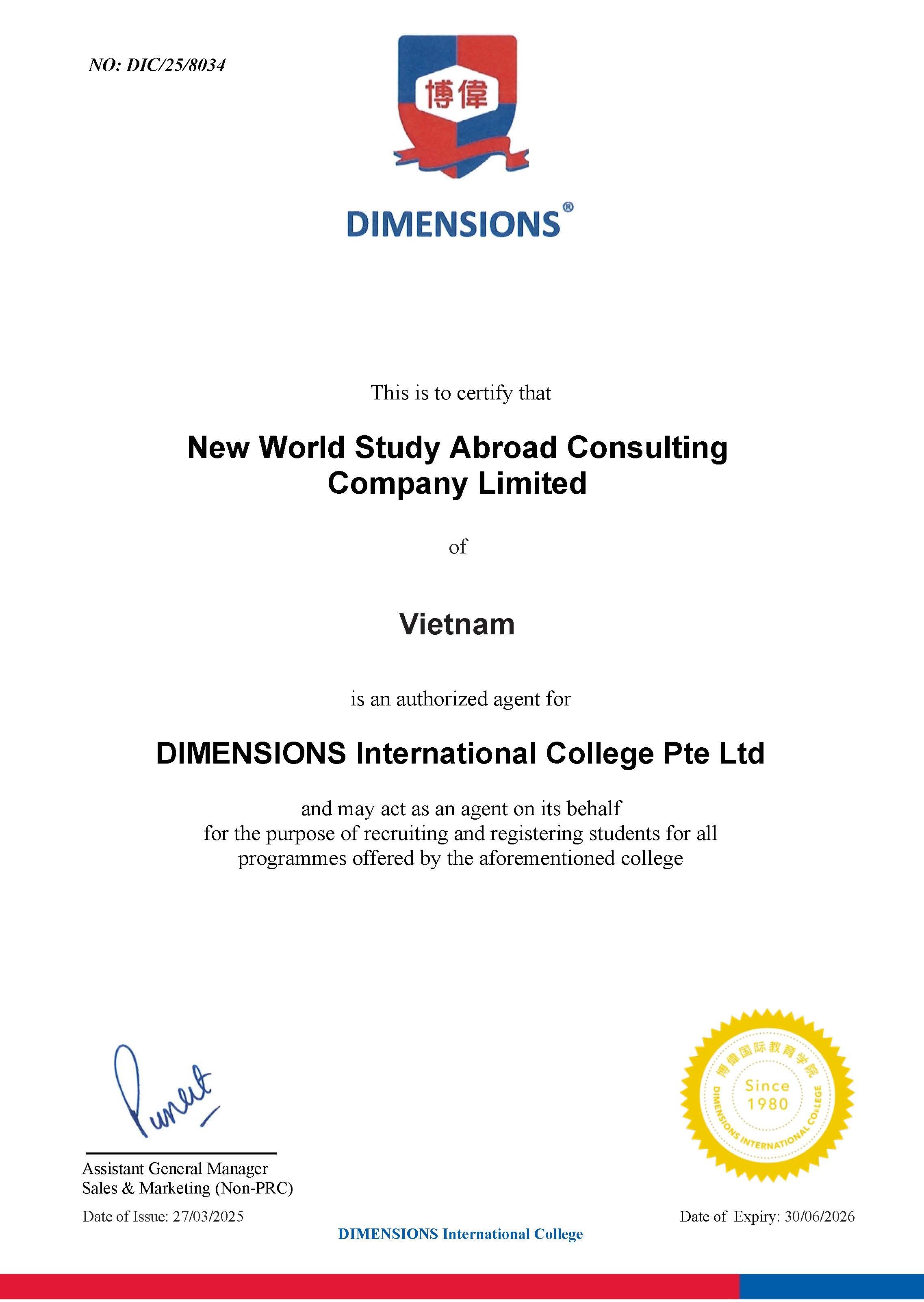 Dimensions International College, Singapore - Certificate 2025