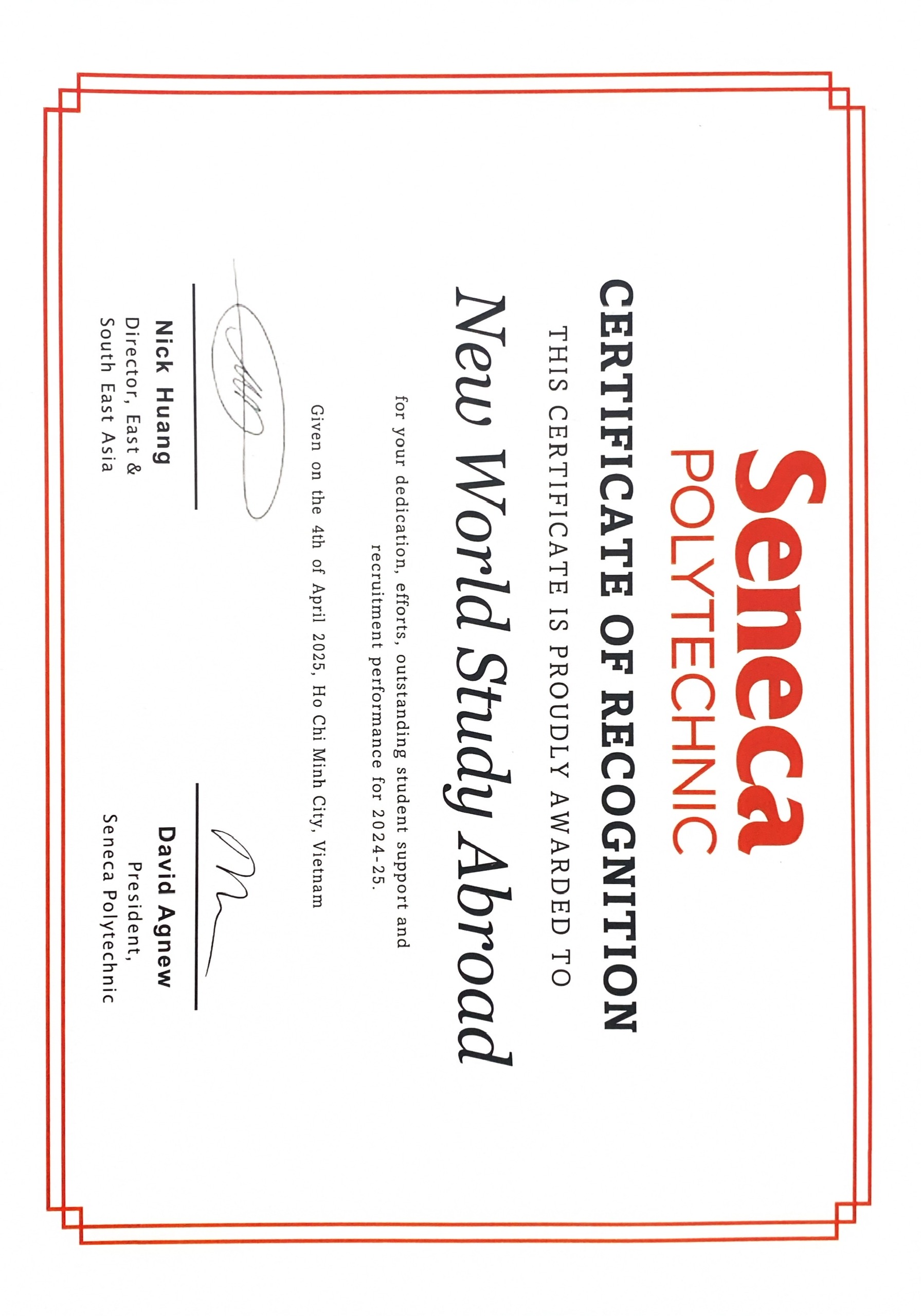 Certificate of Appreciation 2025 - Seneca Polytechnic, Canada