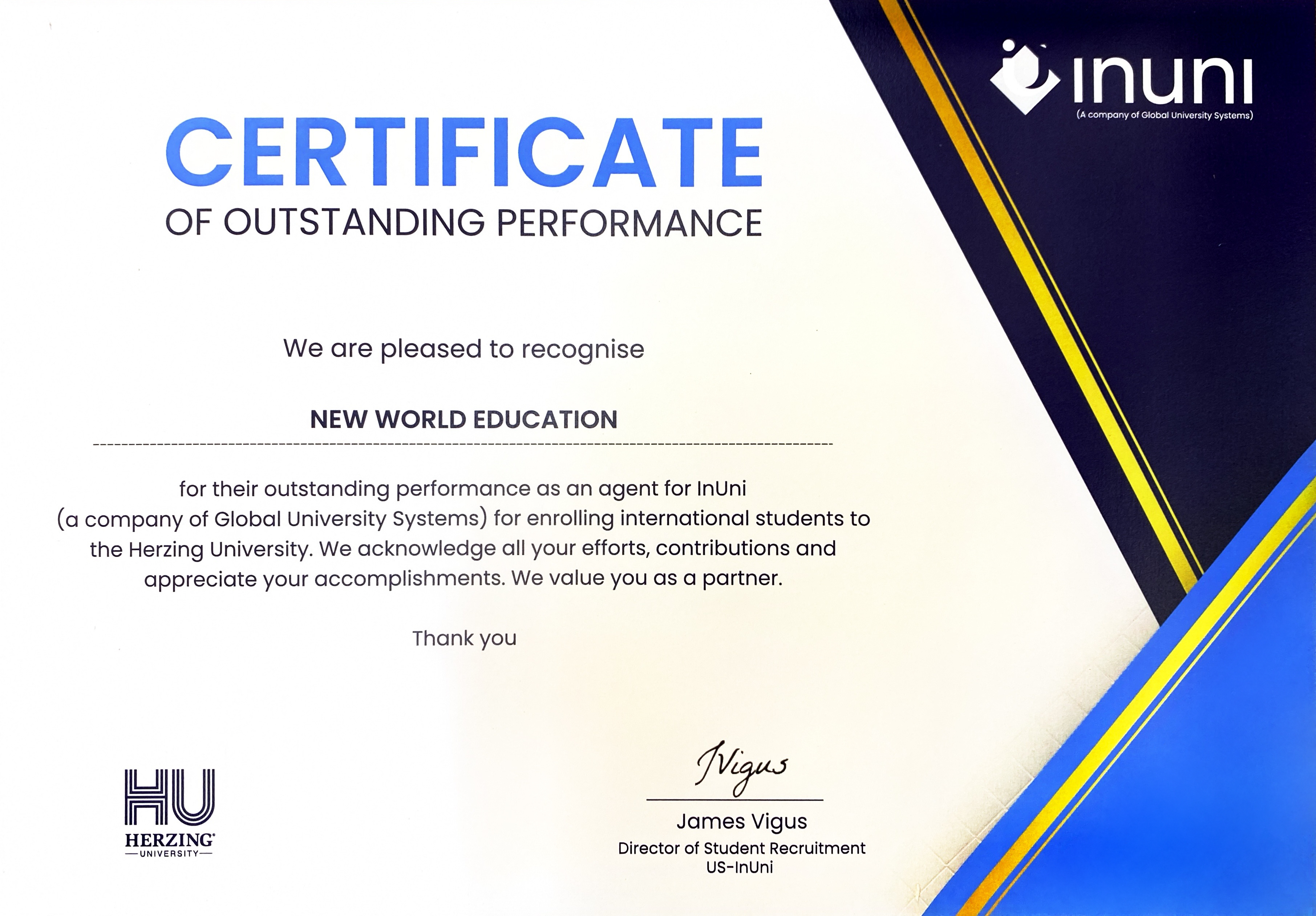 Certificate of outstanding Performance - Herzing University