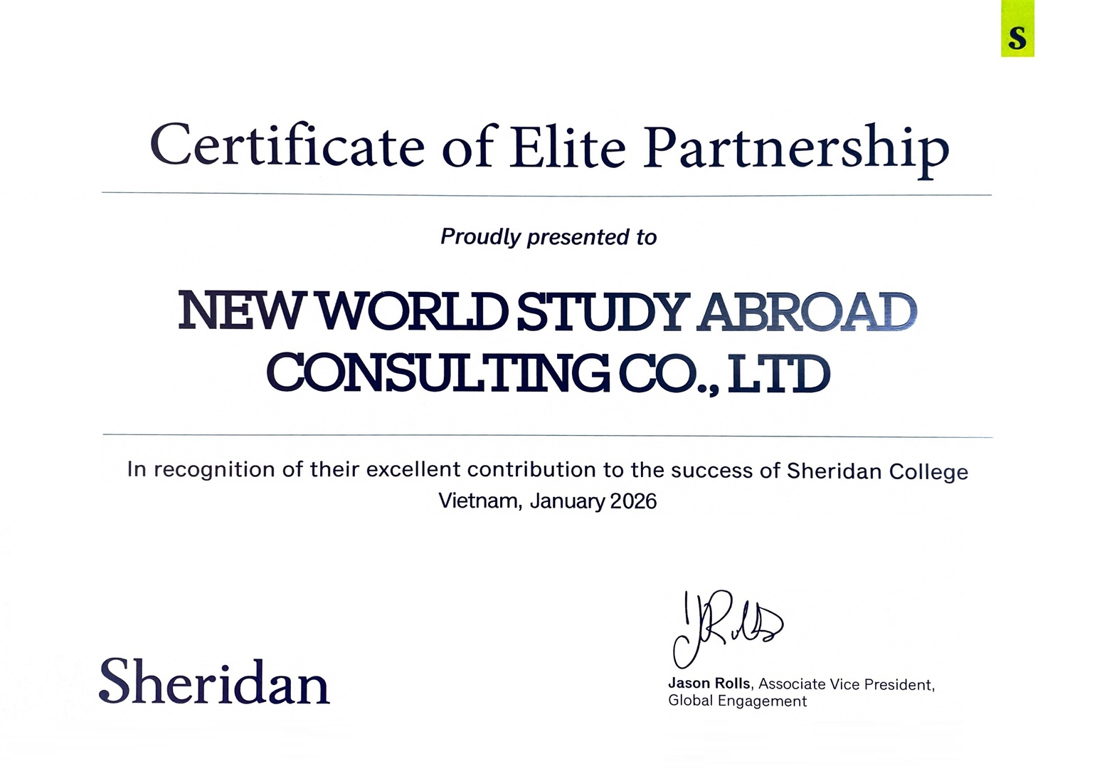 Certificate of Elite Partnership 2026 - Sheridan College