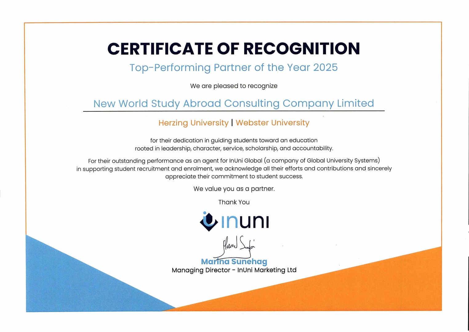 Top Performing Partner of the year 2025 - InUni