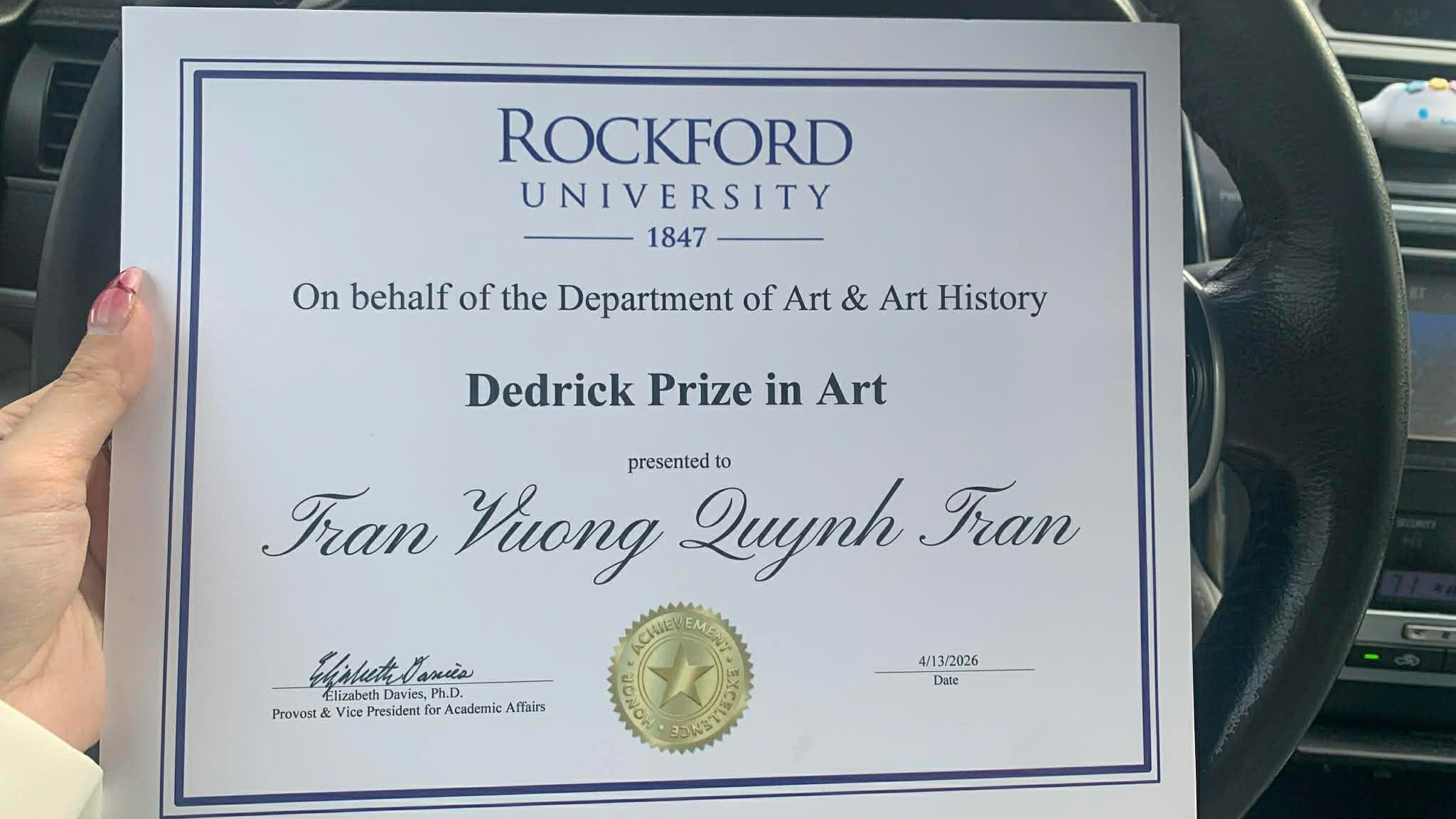 Trần Vương Quỳnh Trân - The Dedrick Prize in Art - Rockford University, Mỹ